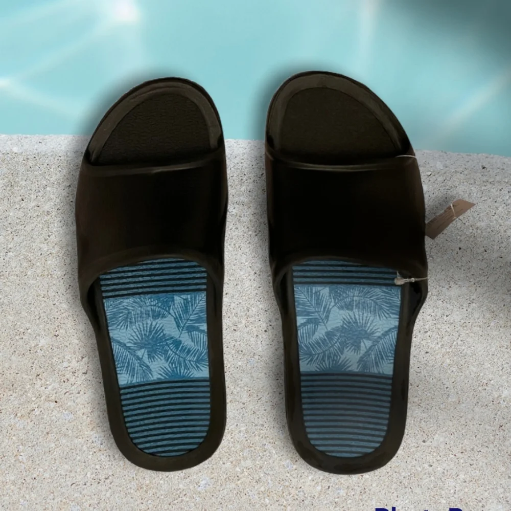 Black Rubber Slip On Sandal Smooth Comfort Cushion Insole Grip Outer Sole Mens 9